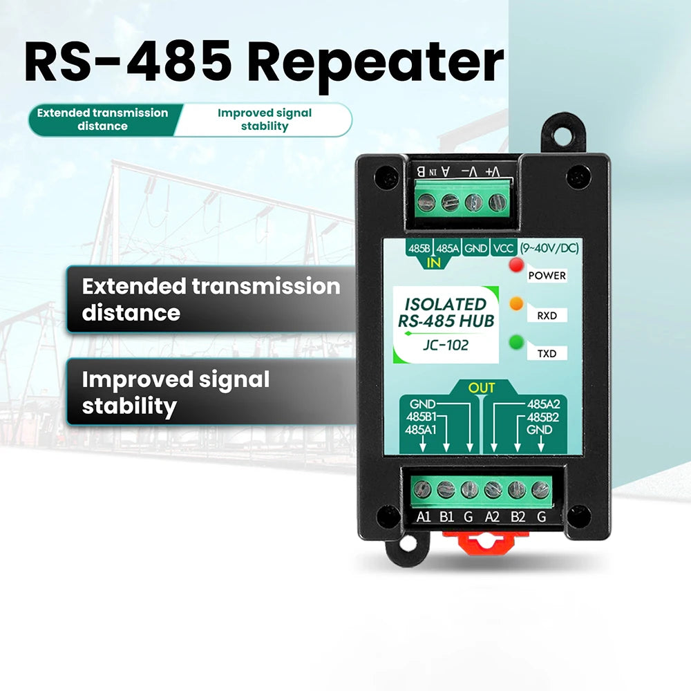 DC 9-40V RS485 2-Way Opto-Isolated Repeater Industrial-Grade 485 Hub 2-Port Anti-Interference Surge-Protected Signal Amplifier