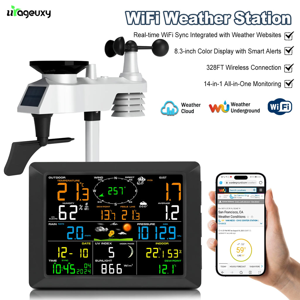 WiFi Weather Station 14-in-1 Wireless with Color Display Real-Time Sync to Weather Underground 100m Range Smart Home Sensor