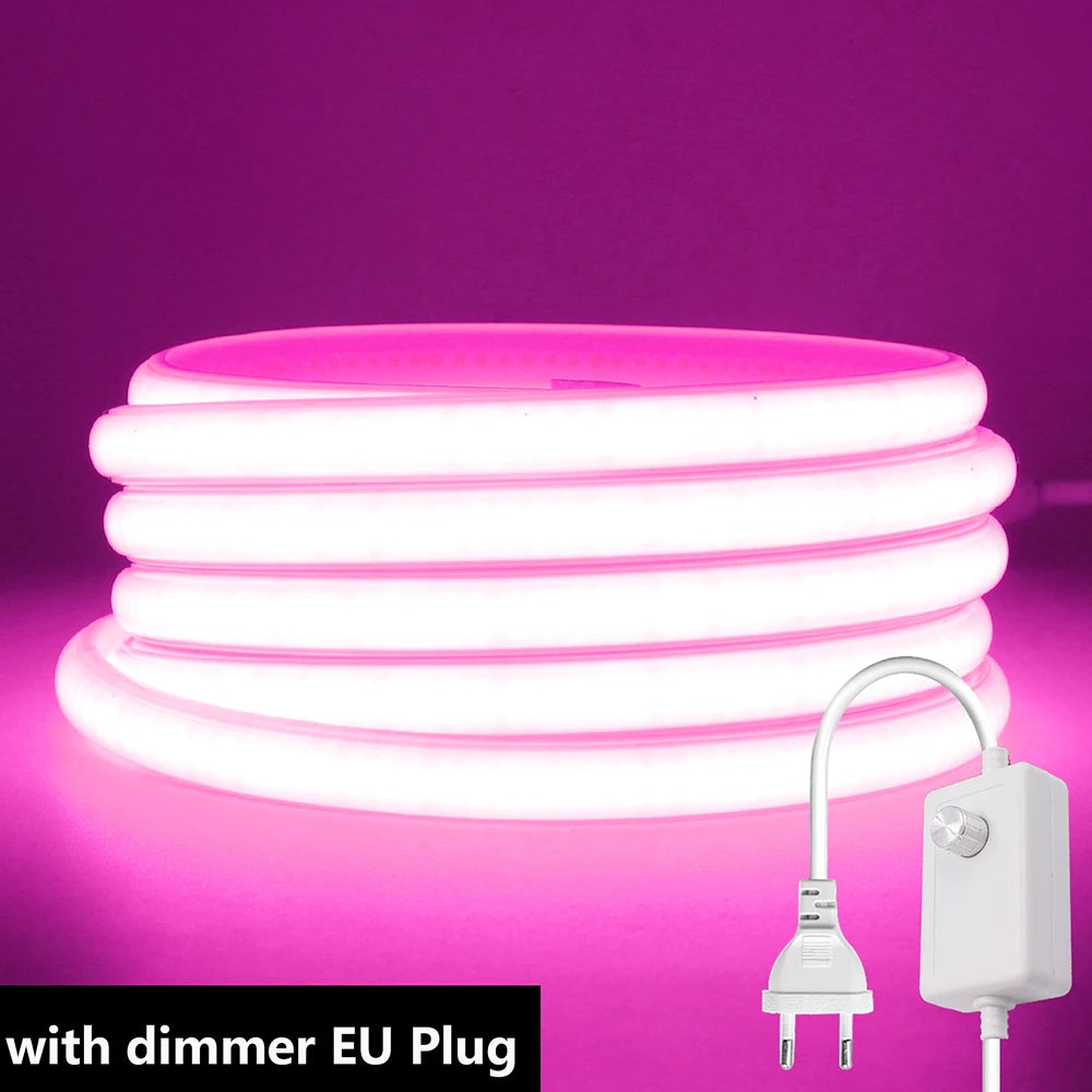 Dimmable 220V COB LED Light With Dimmer EU Power Kit Neon Strip 288Leds/M Waterproof Garden Room Home Bar Lighting Flexible Lamp