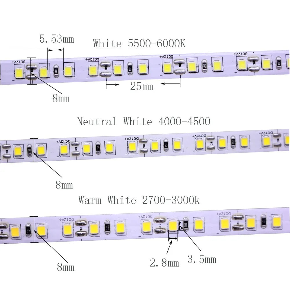 5V 12V 24V 5M 2835 3528 SMD 120leds/m 600Leds/5m 4000K neuttral White Warm White Flexible LED Strip Tape lighting Not-Waterproof