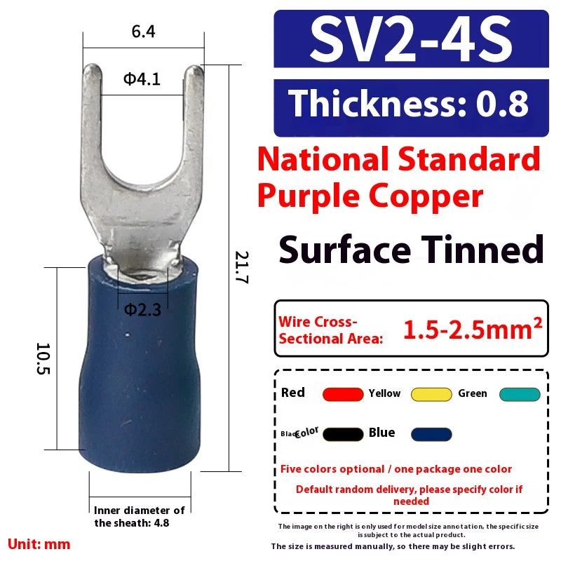Fork Crimp Terminal Copper Tin Plating Insulated Terminal Block U-Type Wire Connector Thickened Copper Cable Joint SV1.25/2/-3/4
