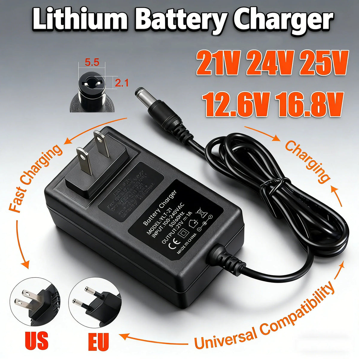12.6V 16.8V 21V 24V 25V 1A 2A 18650 Lithium Battery Charger DC 5.5*2.1-2.5mm for 3S 4S 5S 6S 12V to 25V Screwdriver Battery Pack