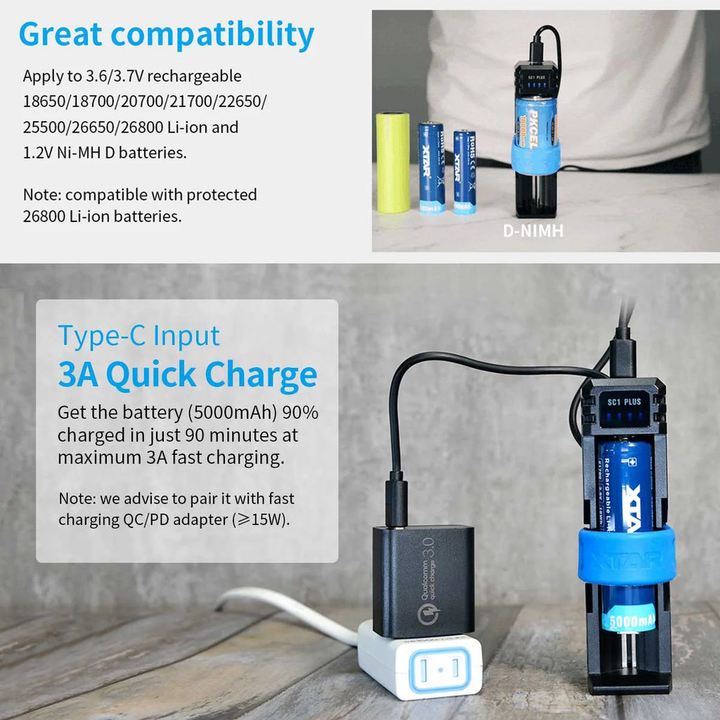 XTAR 26800 Battery Charger QC PD USB C 3A Fast Charging 21700 26650 26800 NiMH D Batteries 10W Power Bank 18650 Charger SC1 PLUS