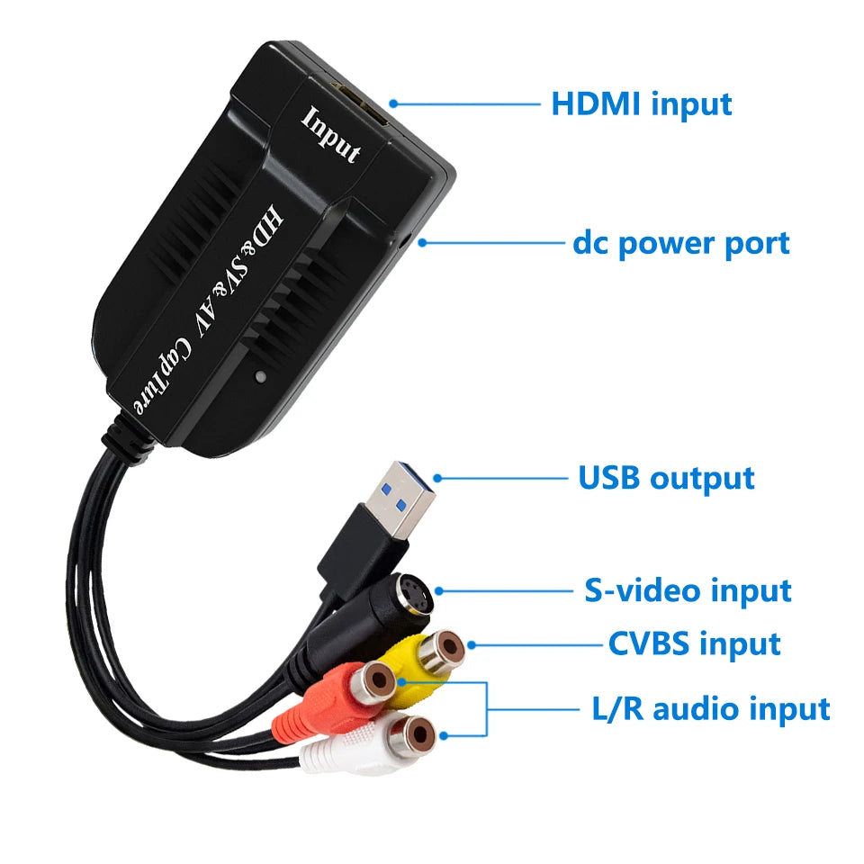 USB 2.0 Video Capture Card HD/AV/3RCA/S Video VHS Analog to Digital Converter USB Capture Card Device for Hi8 DVD VCR PS3 PS4