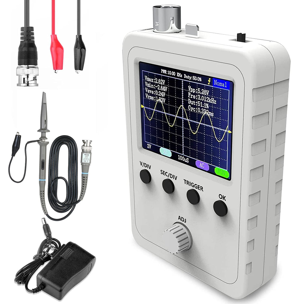 FNIRSI 2.4” TFT Handheld Digital Oscilloscope 0-200KHz Bandwidth 1M Sampling Rate with BNC-Clip Cable Probe and Power Supply