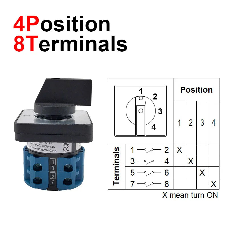 Electric 2/3/4 Position 8 Terminals Rotary Cam Changeover Switch 500V 20A LW28-20