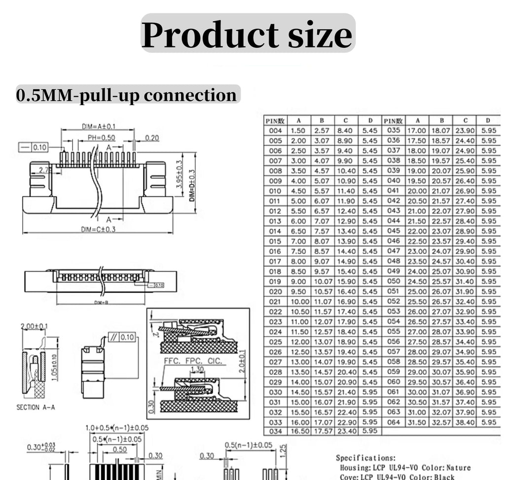 10Pcs FPC connector socket 0.5/1.0mm flip cover/up/down connection 4/5/6/7/8/10/12/14/16/18/20/22/24/26/28/30/32/34/40/45/50/60P