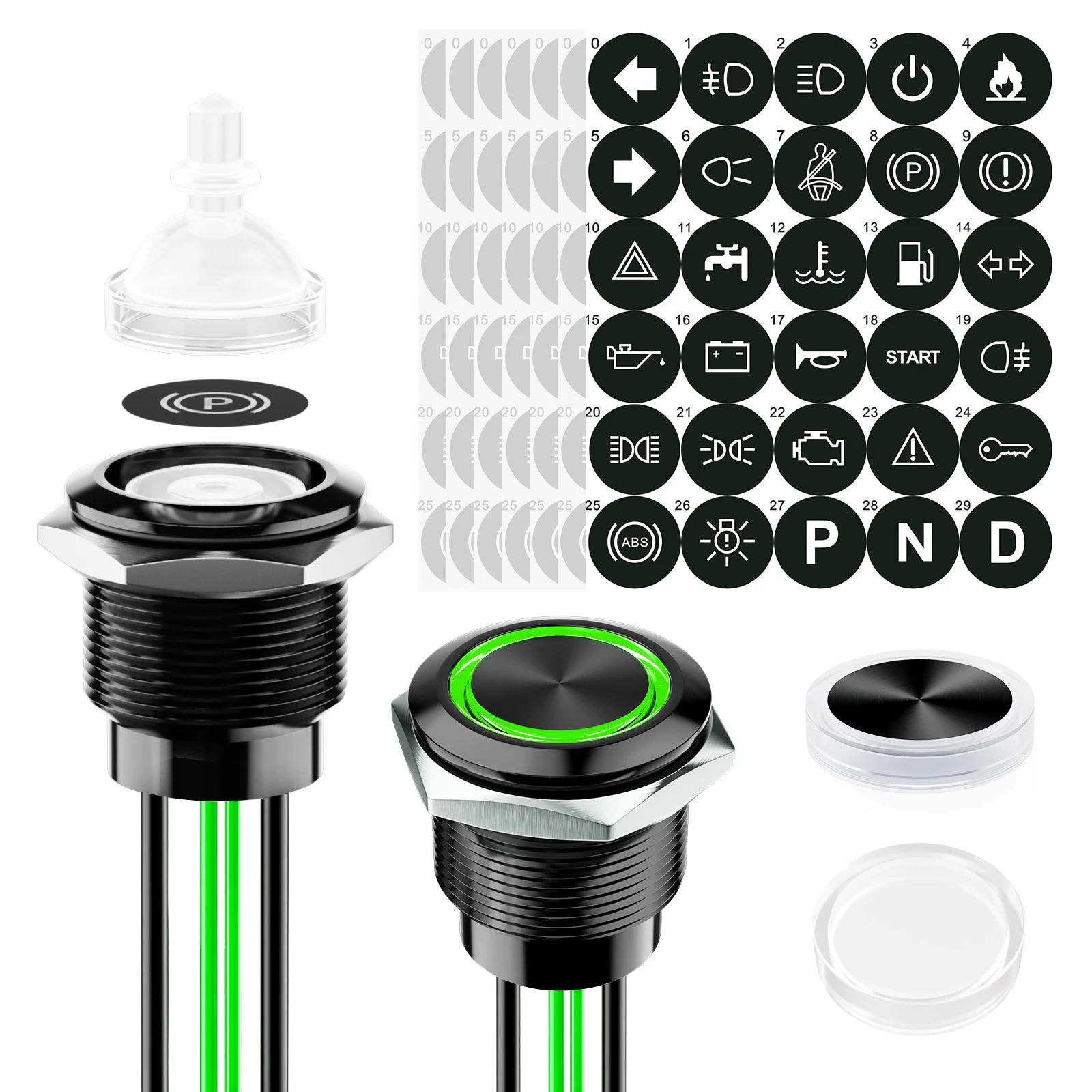 FILN 2Pcs 22mm Symbol Push Button Switch 20A IP67 Waterproof Latching Momentary Marine Switches 185 Replacement Symbols 5V-24V