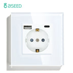 BSEED 1/2/3Gang Touch Light Switch 1Way Simple Sensor Switch Type-c USB Sockets EU Standard Glass Panel Blue Backlight 10A White