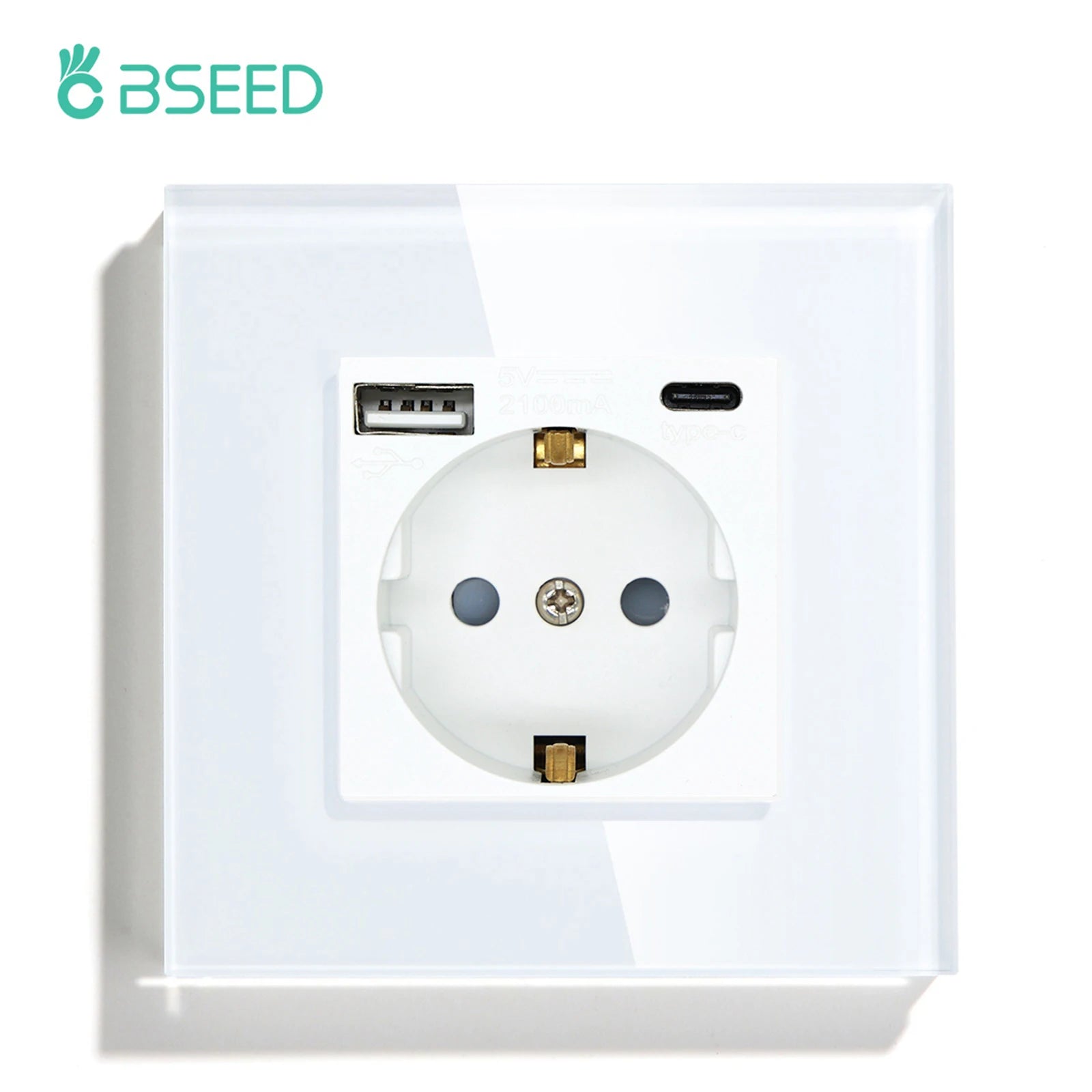 BSEED 1/2/3Gang Touch Light Switch 1Way Simple Sensor Switch Type-c USB Sockets EU Standard Glass Panel Blue Backlight 10A White