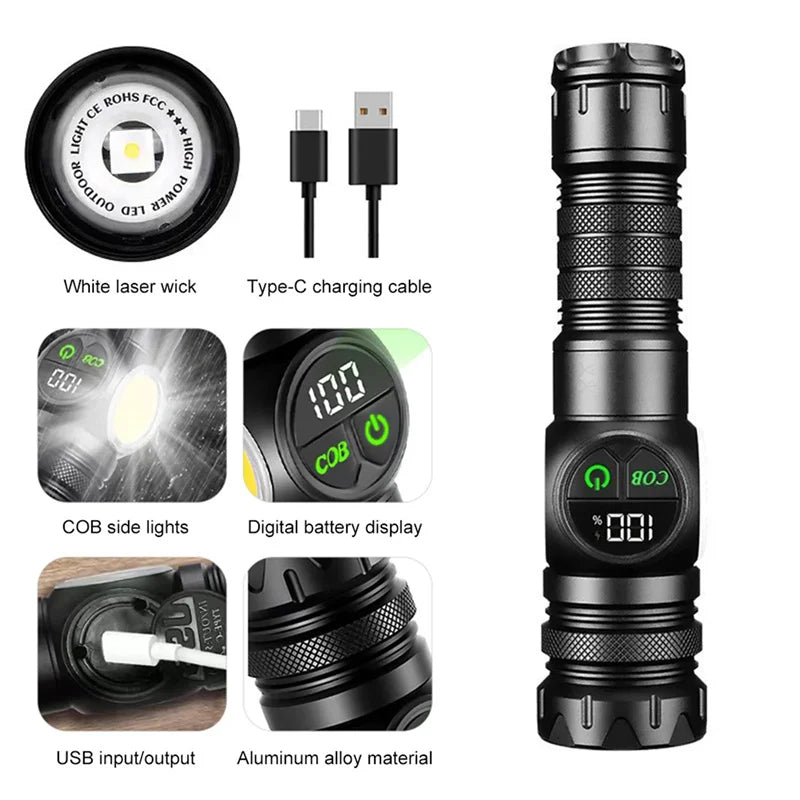 Magnetic USB Rechargeable LED Tactical Flashlight With COB Side Light Camping Fishing Torch