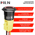 FILN 2PCS 19mm 12V 24V Push Button Switch Ring Button Latching IP65 Waterproof with LED 1NO1NC Pre-Wired Harness 5Amp Marine car