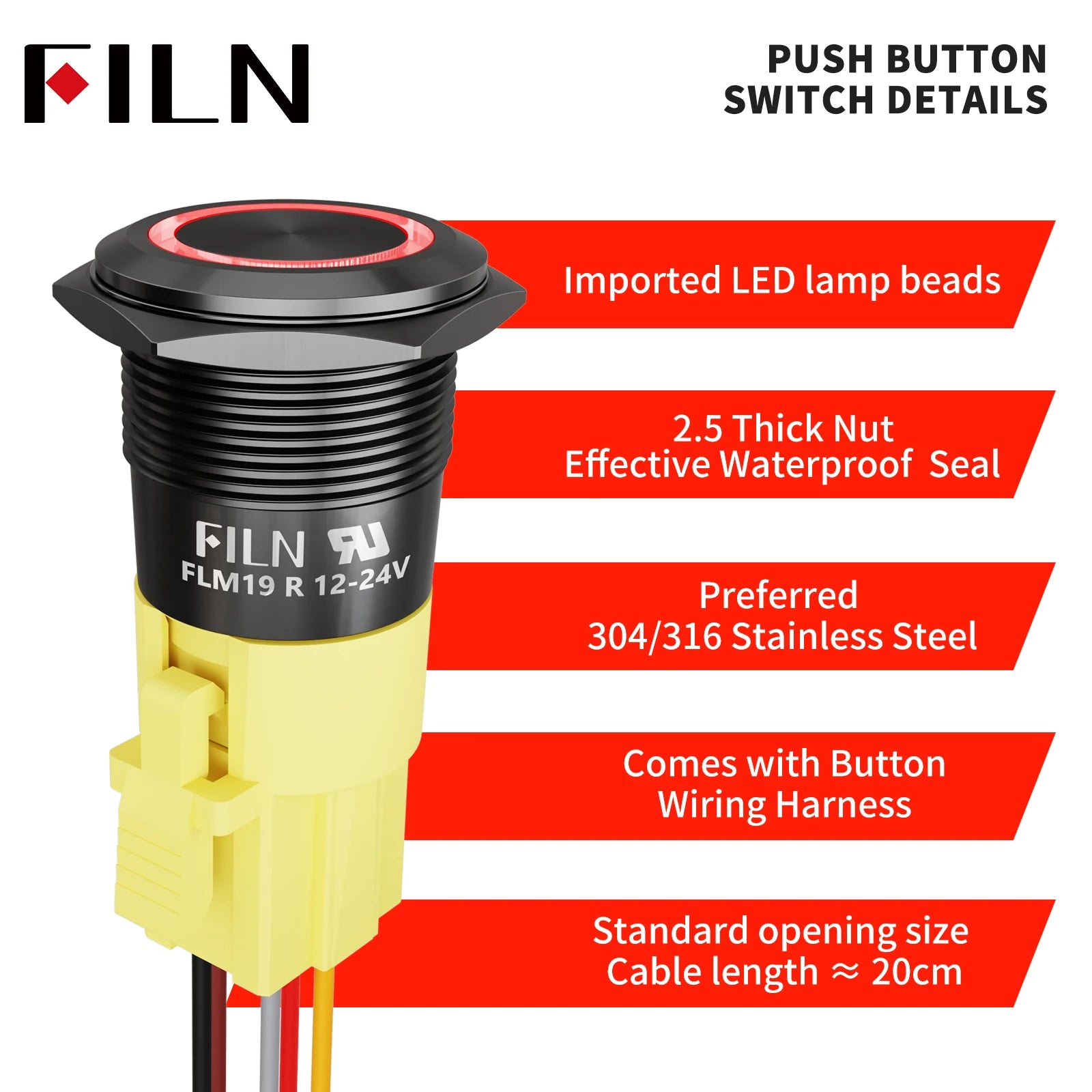 FILN 2PCS 19mm 12V 24V Push Button Switch Ring Button Latching IP65 Waterproof with LED 1NO1NC Pre-Wired Harness 5Amp Marine car