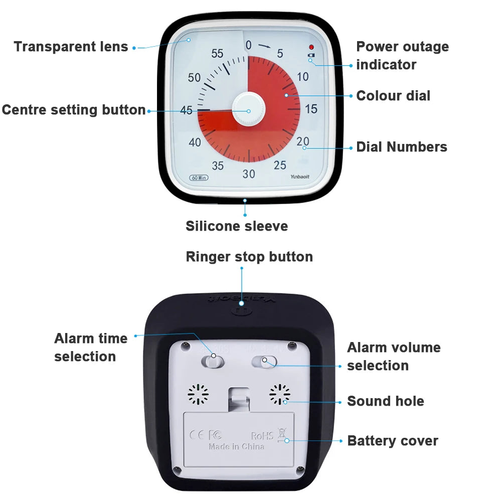 VT01 60 Minute Visual Timer Silent Countdown Time Manager with Protective Case Drop-proof Alarm Clock DIY Timer for Kids Kitchen