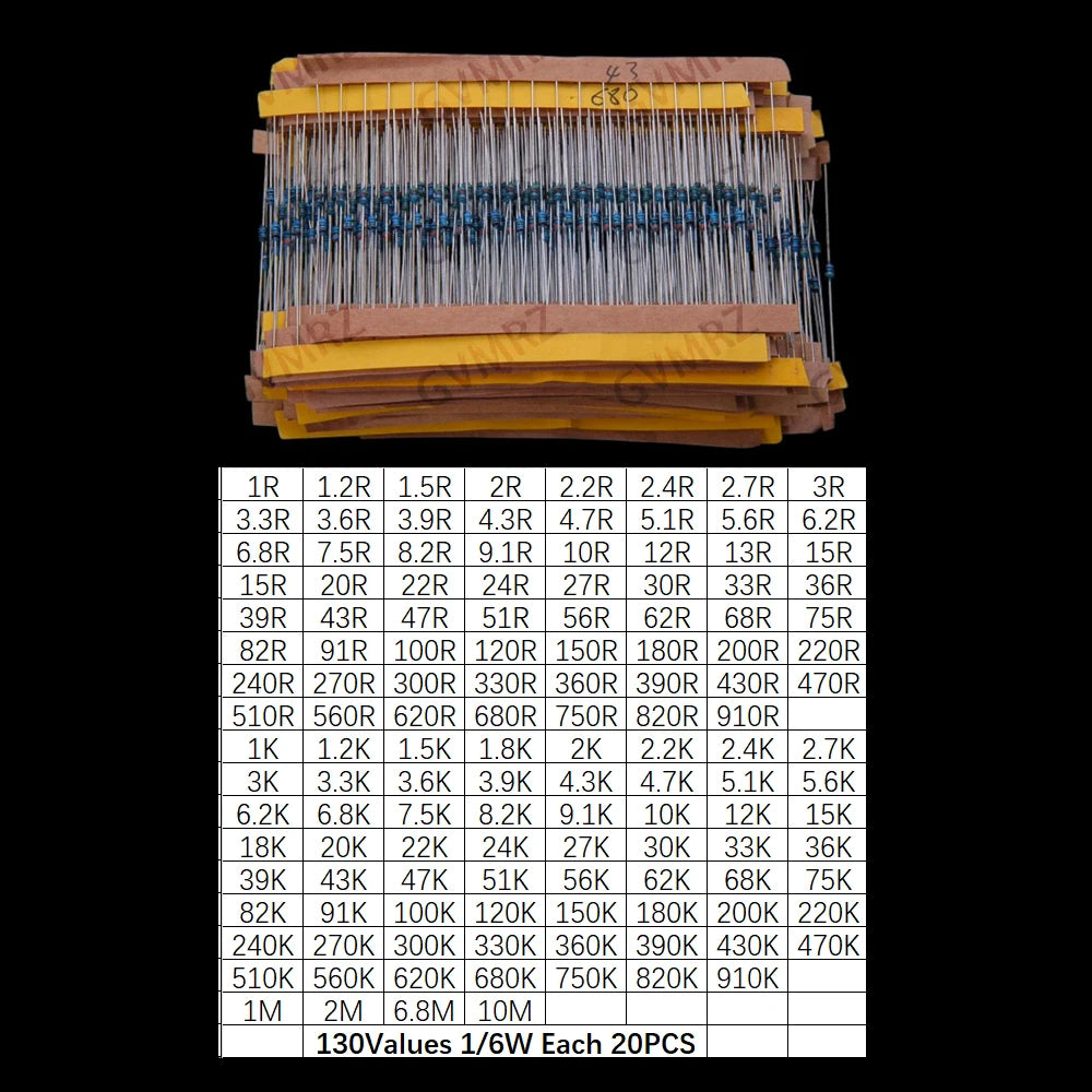 130Values 1W 2W 156Values 1/4W 1/6W 1/2W Power Metal Film Resistor Kit 1R-10M Assortment Set 1ohm-10Mohm samples pack 1/6W 1/2W