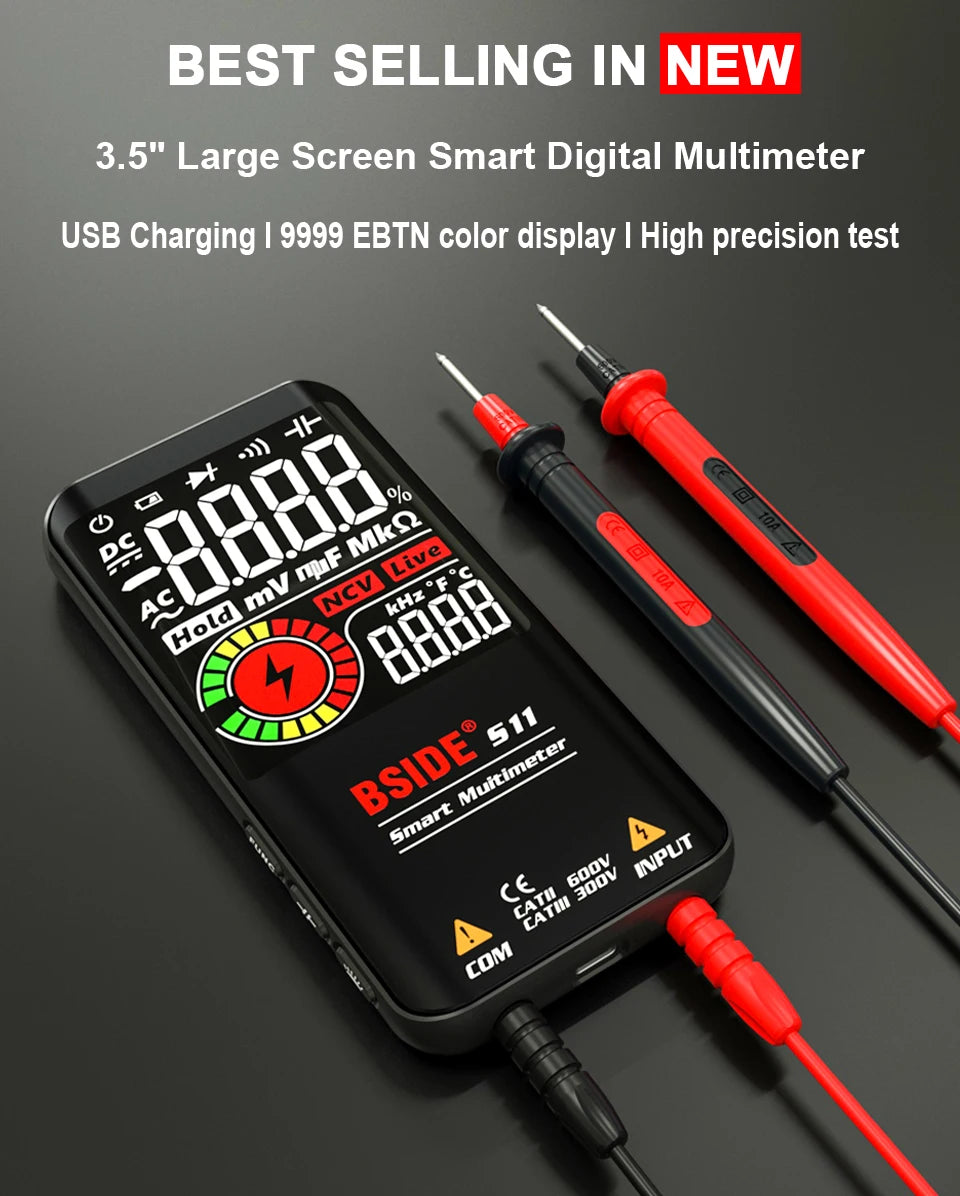 BSIDE Profesional Digital Multimeter Smart 9999 EMF Multitester DC AC Voltage Capacitor Ohm Diode Live Electric Tester USB charg