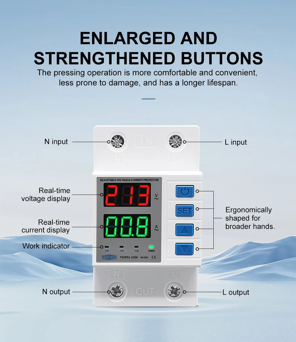 TOMZN TOVPD1-63DK Isolate L N 110V 230V AC Din Rail OVP OCP UVP Voltage Protector 63A Relay Automatic Adjustable Delay-ON