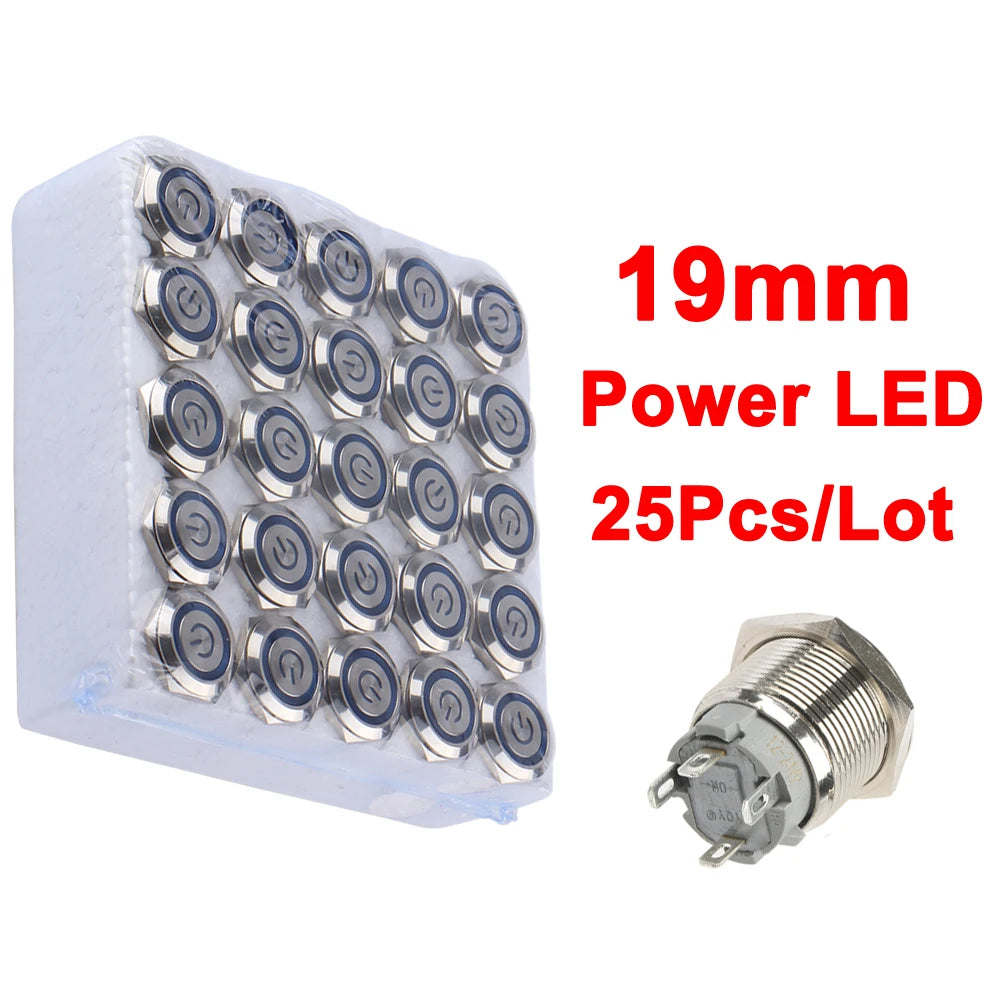 16mm Waterproof Metal Push button Switches With LED Light Flat Head 19mm Momentary self-Reset or Latching With Fixing 4Pins 12V