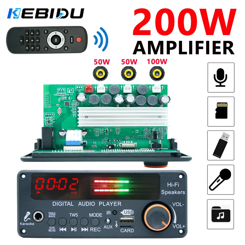 KEBIDU 200W Amplifier Bluetooth 5.3 MP3 Decoder Board Hands-free Car Wireless MP3 Player Mic USB TF FM Radio TWS Music Player