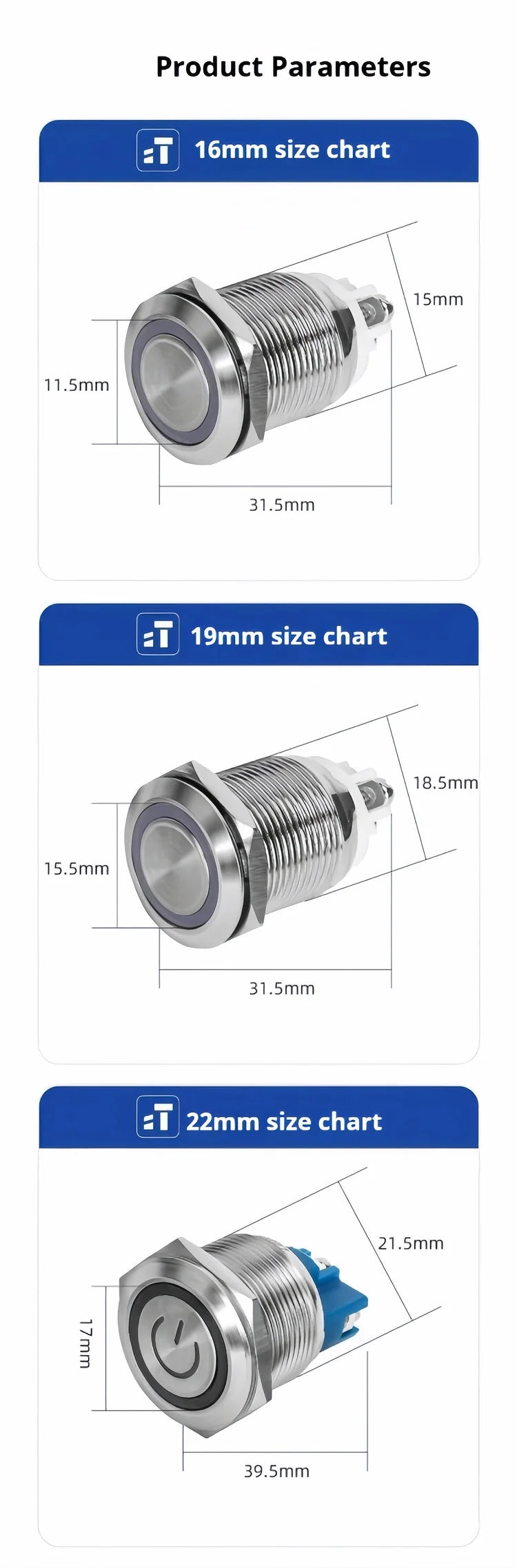 16/19/22MM Push Button Switch Screw Terminal Self-locking Latching Momentary Metal Black 12/24/220V Waterproof Power Start Stop