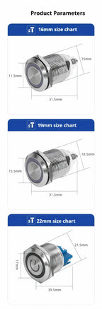 16/19/22MM Push Button Switch Screw Terminal Self-locking Latching Momentary Metal Black 12/24/220V Waterproof Power Start Stop