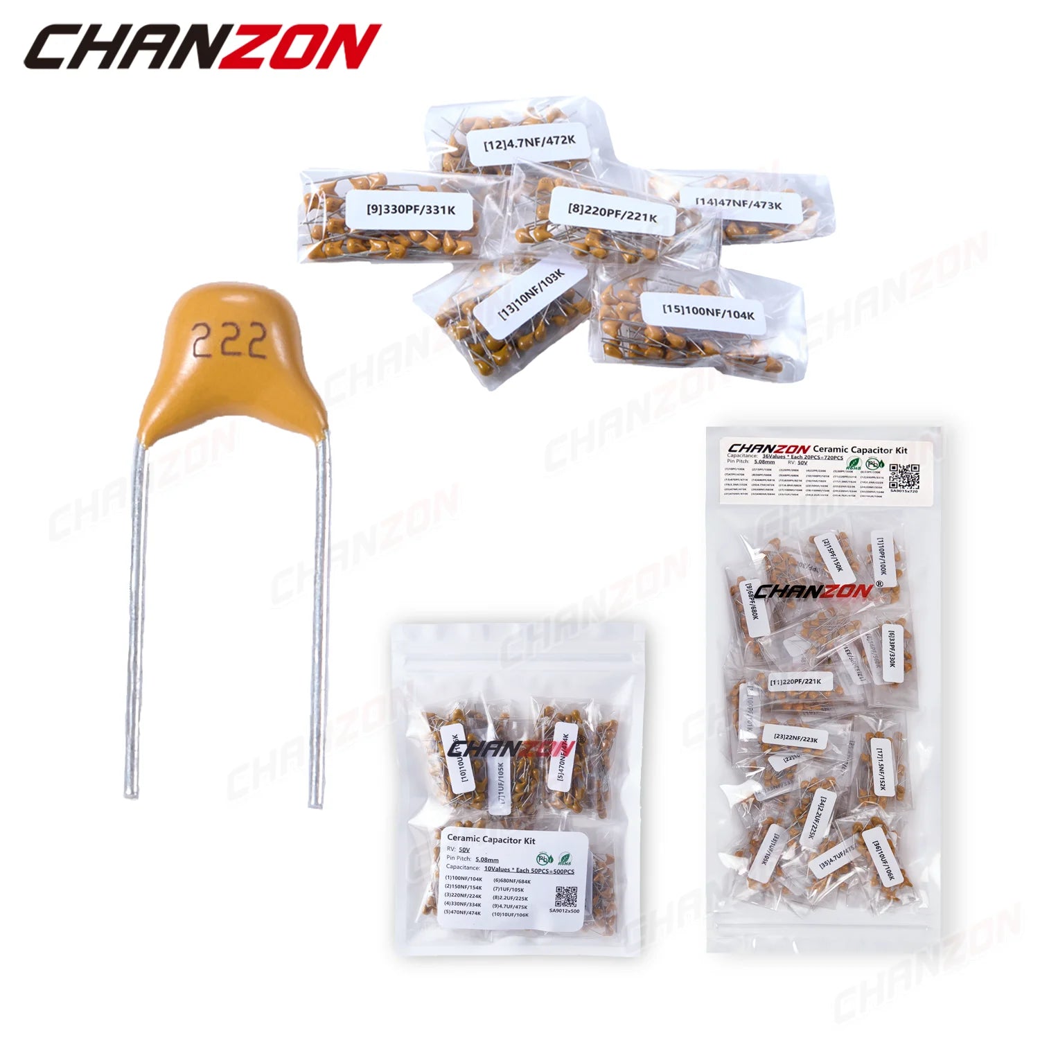 500-720pcs 36Values Ceramic Capacitor kit High Voltage Ceramic Chip Assortment Polypropylene Safety Plastic Film Y Capacitor