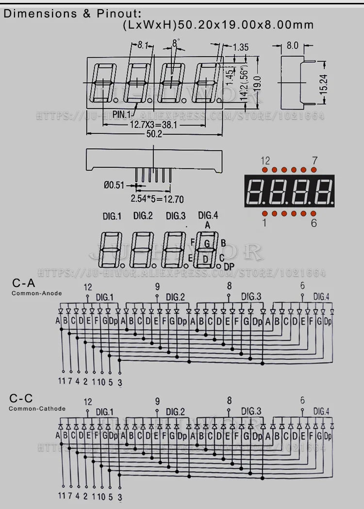 5pcs 0.56 Inch 12Pins C-C 5461AS C-A 5461BS 4 Digits Bits 7 Segment Red LED Digital Display Digitron Common Anode Cathode