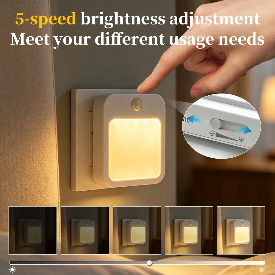 LED Motion Sensor Plug-In Night Light Warm/Cool White Dimmable 5 Brightness Levels for Hallway Stairway Bedroom 100-240V
