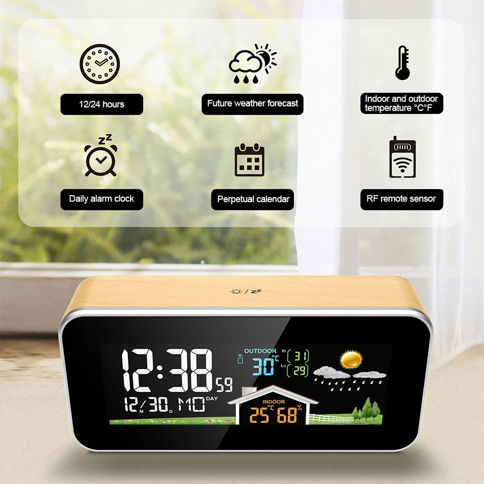 Wireless Weather Station Wooden Alarm Clock Digital Thermometer Humidity Temperature Wireless Sensor Home TimeWatch Desktop