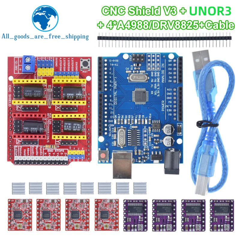 TZT CNC Shield V3 Engraving Machine 3D Printe+ 4pcs DRV8825 Or A4988 Driver Expansion Board For Arduino + UNOR3 With USB Cable