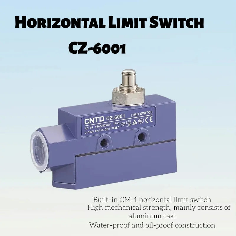 Limit Switch CNTD CZ‑6001, Sealed Horizontal Travel Switch, IP65 Waterproof, 1NO 1NC 15A 380VAC, Plastic Housing for Industrial