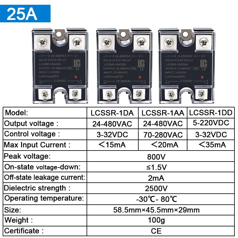 LCTC SSR Solid State Relay 10A 25A 40A 60A 80A 100A 120A 200A 240A Single Phase Control Relay DC TO AC DC TO DC AC TO AC 3-32VDC