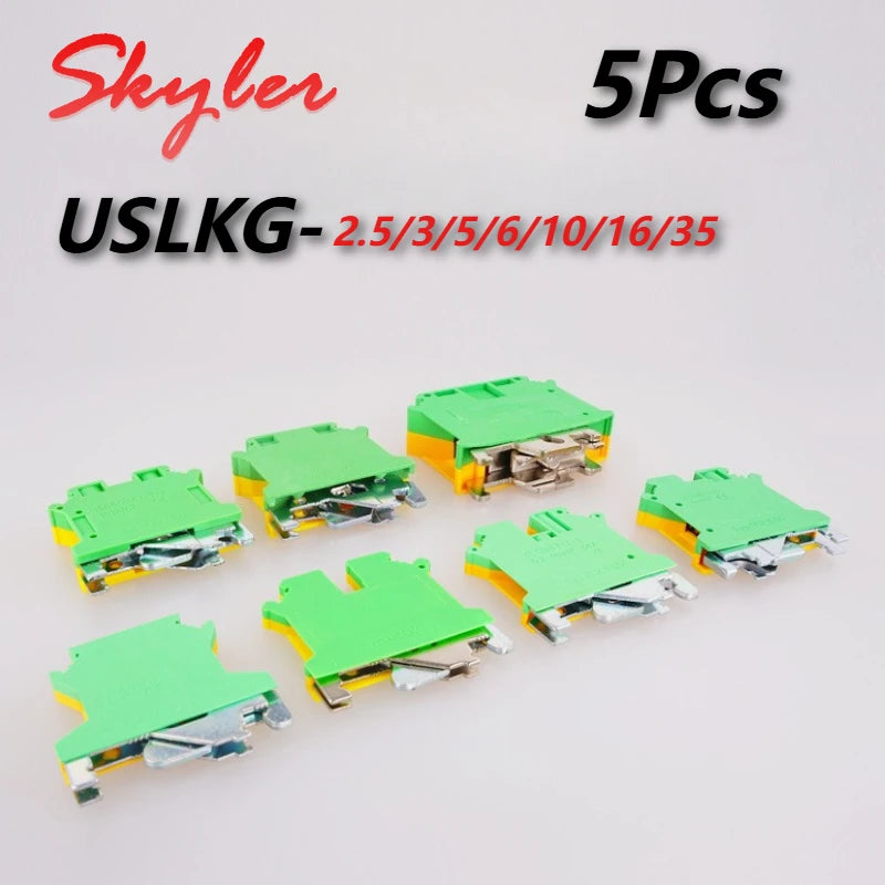 5Pcs USLKG-2.5/3/5/6/10N Terminal Block UK Yellow Green Ground Terminal Block Two-color 34A-101A 800V Rail Ground Terminal Block