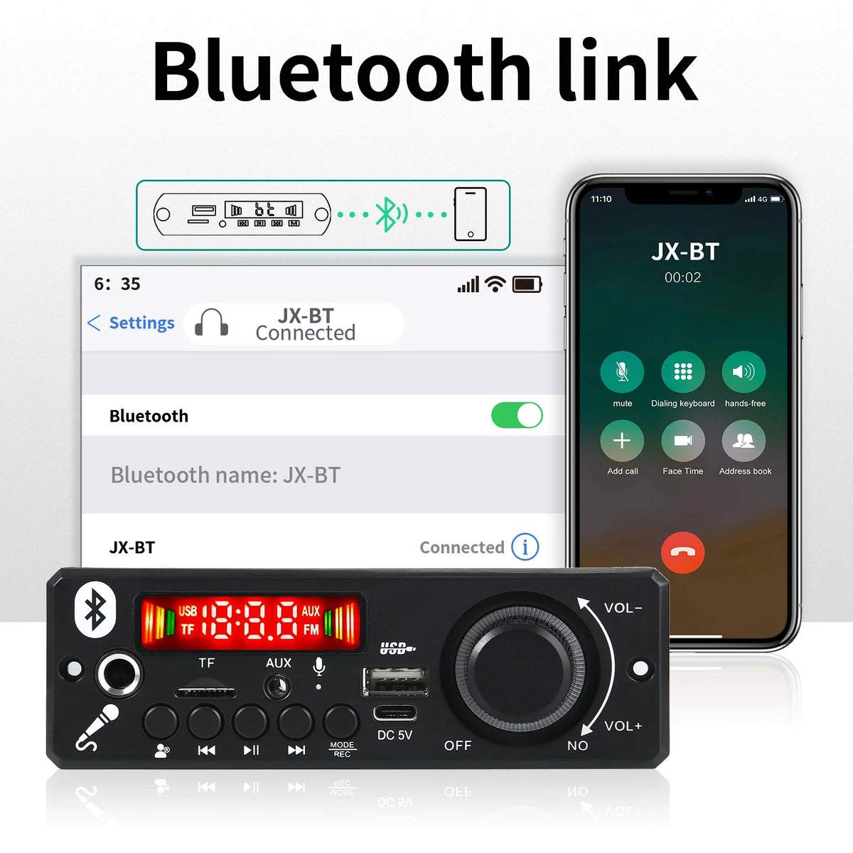 2*3W 6W Amplifier 5V MP3 Decoder Board Bluetooth 5.0 Stereo Audio DIY Car MP3 Player FM Radio TF USB 6.5mm Mic jack Record Call