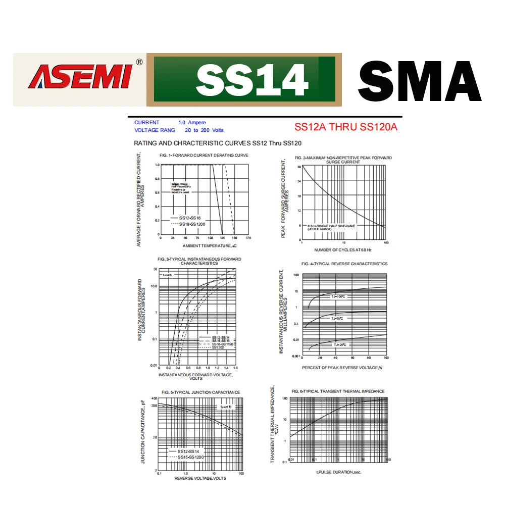 100PCS SS14 1A 40V Schottky Diode SMA ASEMI
