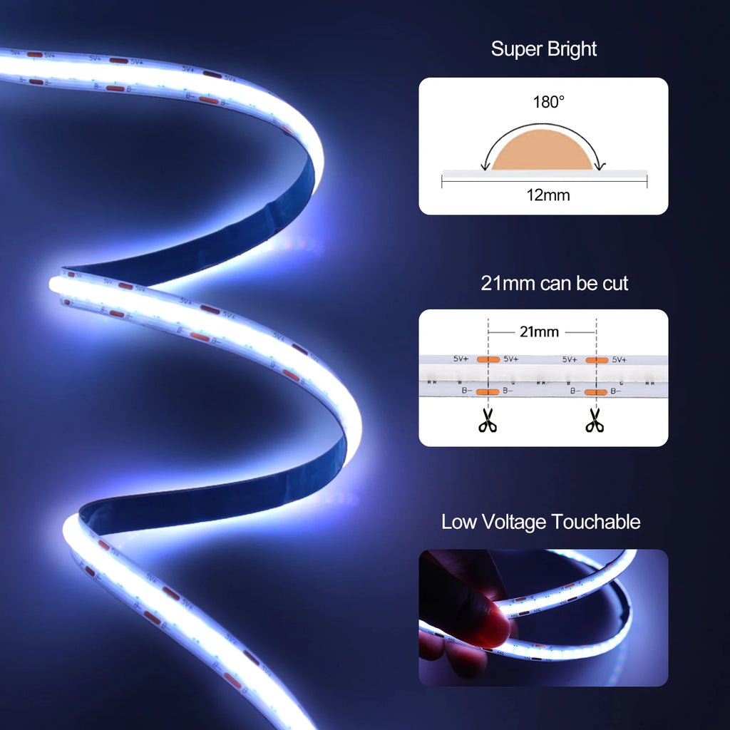 5V RGB COB LED Strip 576LEDs/m Bluetooh App IR Remote Control USB RGB LED Strip Flexible Tape for TV Backlight Room Decoration