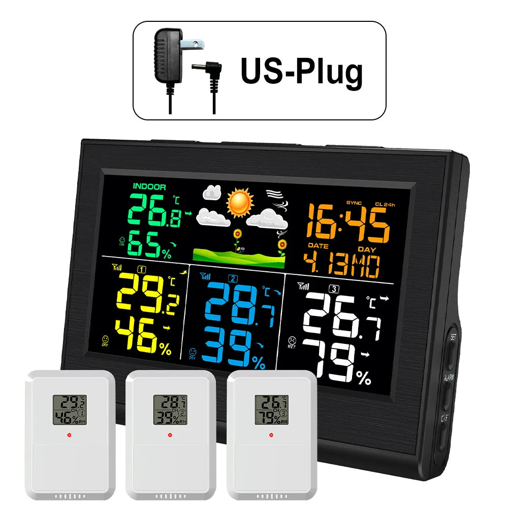 Wireless Weather Station with 3 Sensors 8 Channels 100m Range Indoor/Outdoor Thermometer Hygrometer Alarm Clock for Home Office