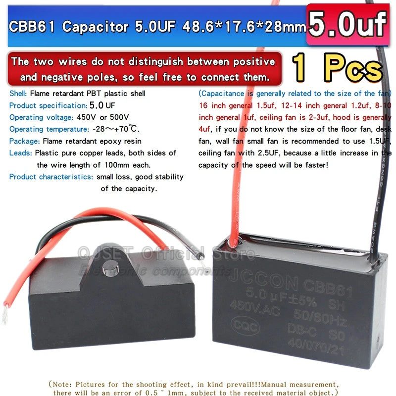 1pcs CBB61 Fan Starting Capacitor 450V 0.8/1/1.2/1.5/2/2.5/3/3.5/4/4.5/5/6/7/8/10/12/15/18/20UF Ceiling Fan Hood Motor Capacitor