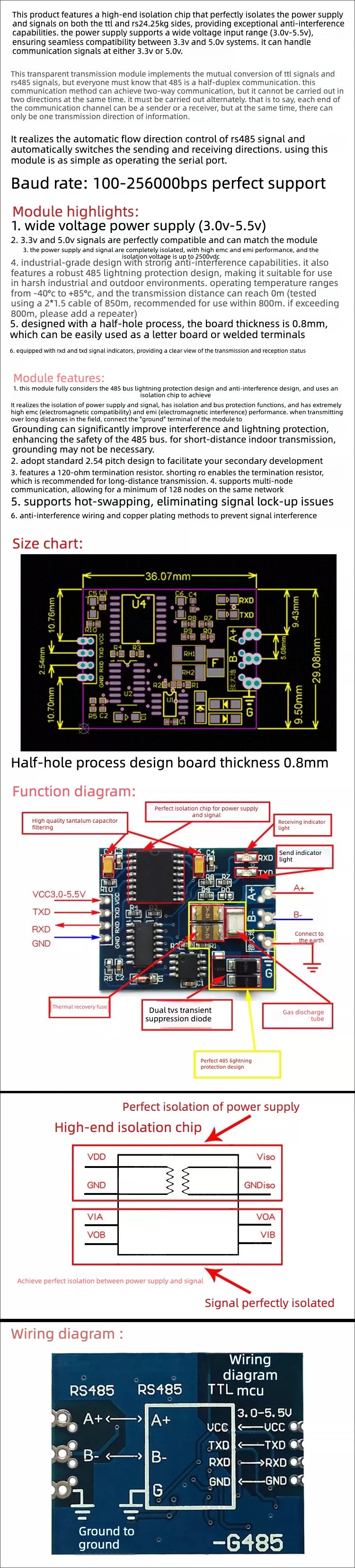 Industrial TTL to RS485 Module RS485 to TTL Isolated Serial UART Converter for Arduino STM32 PLC Communication