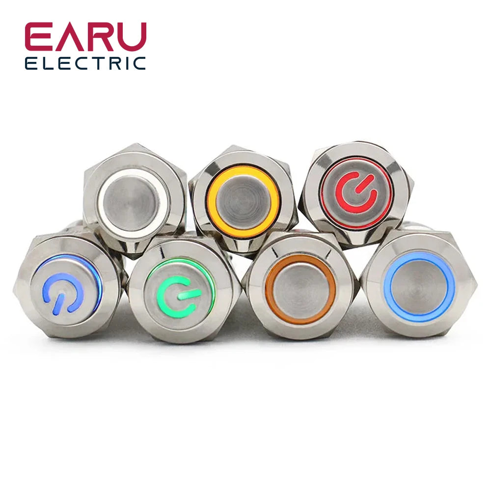 12mm Flat High Head Waterproof Metal Push Button Switch LED Light Momentary Latching Car Engine Computer PC Power Switch 3-380V