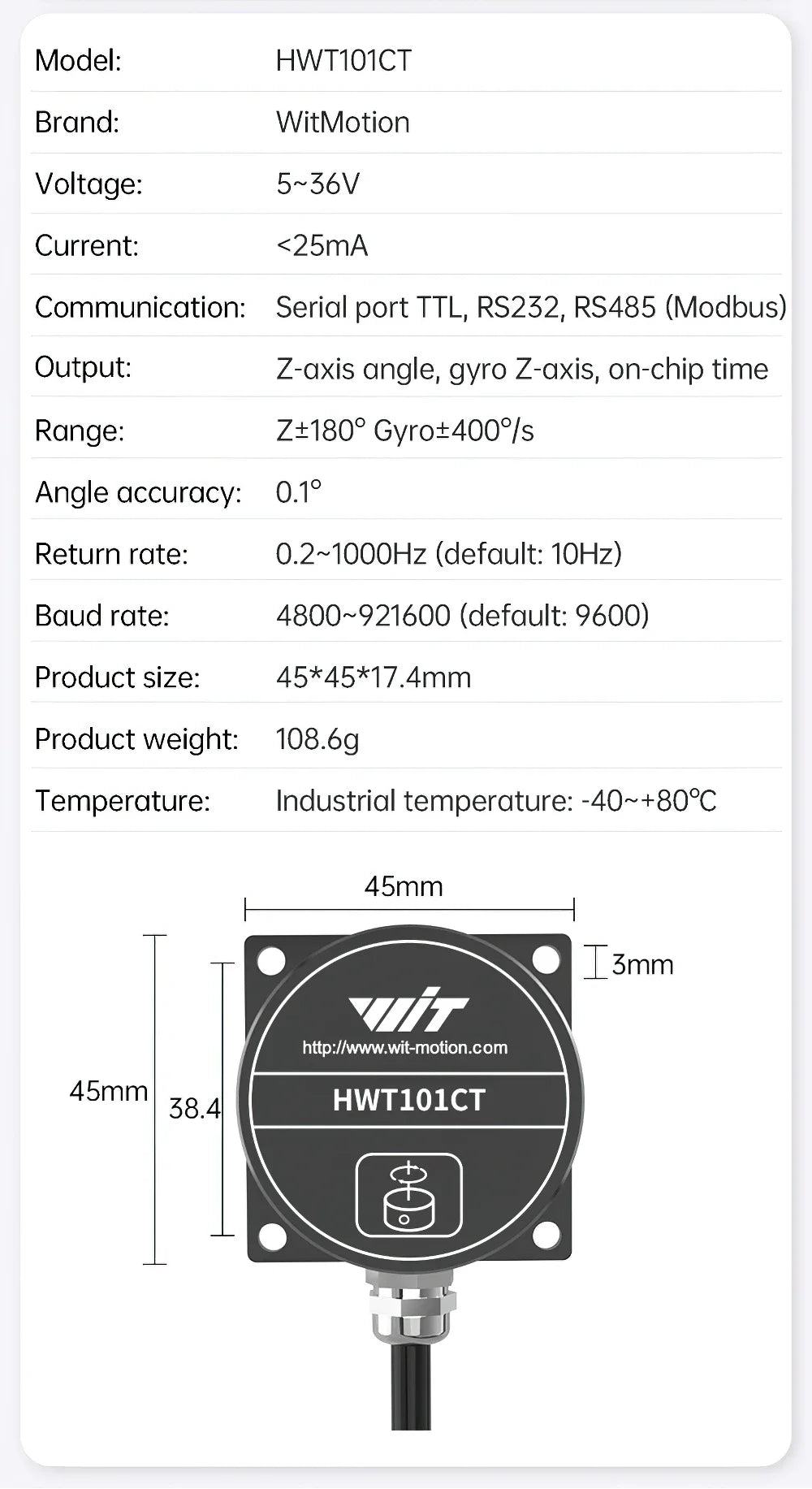 WitMotion HWT101CT High Precision Z-Axis Gyroscope Angle Sensor MEMS Inclinometer axis no drift Module for Robot ROS Drone AGV
