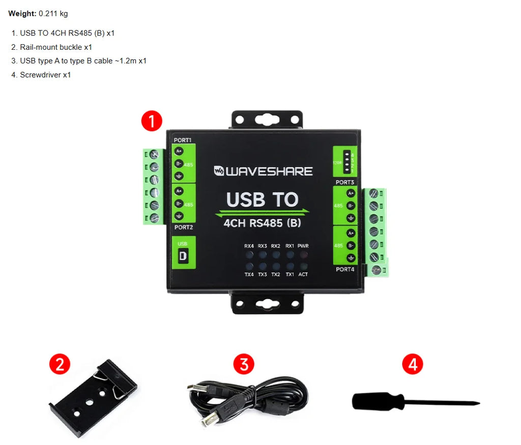 Waveshare Industrial Isolated USB To 4-Ch RS485 Converter (B), CH344L Chip, Multi Protection Circuits, Multi Systems Support