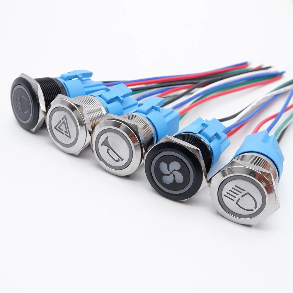 16/19/22mm Customized Metal Push Button Switch with Socket Start Stop For Car Boat Fog Black/Silver Waterproof LED Light 12V 24V