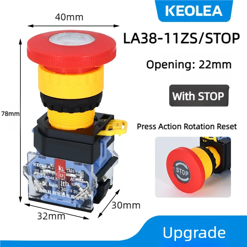 LA38 Emergency Stop 10A Self-locking Rotary Reset Latching Head Power Switch Mushroom Push Button Switch 22mm 1 NO I NC 2NC