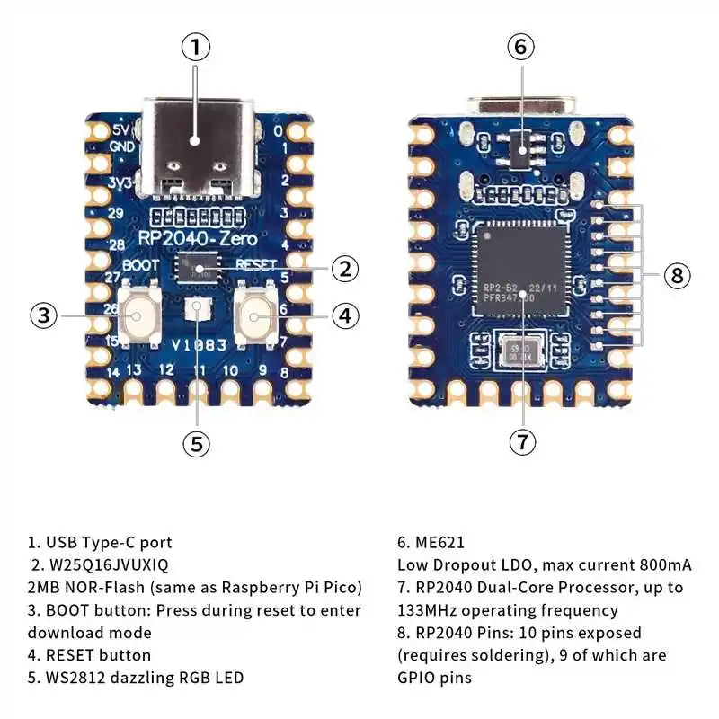 1-20PCS RP2040-Zero RP2040 for Raspberry Pi Microcontroller PICO Development Board Dual-core Cortex M0+ Processor 2MB Flash XCW