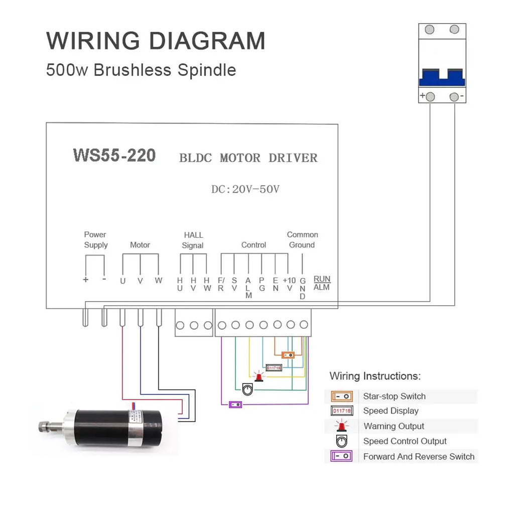 Brushless spindle 48V 500w ER11 Brushless DC Spindle Motor Driver Built in HALL sensor With 55MM Clamp Bracket