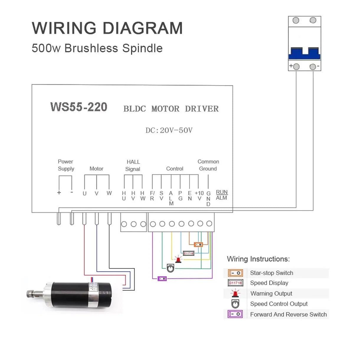 Brushless spindle 48V 500w ER11 Brushless DC Spindle Motor Driver Built in HALL sensor With 55MM Clamp Bracket