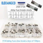 100PCS Slow Break 5*20mm Delay Fuse Tube 250V T1A T2A T3.15AT4A T5A T6.3A T10A Box Spiral Wire Glass Fuse Tube Delay
