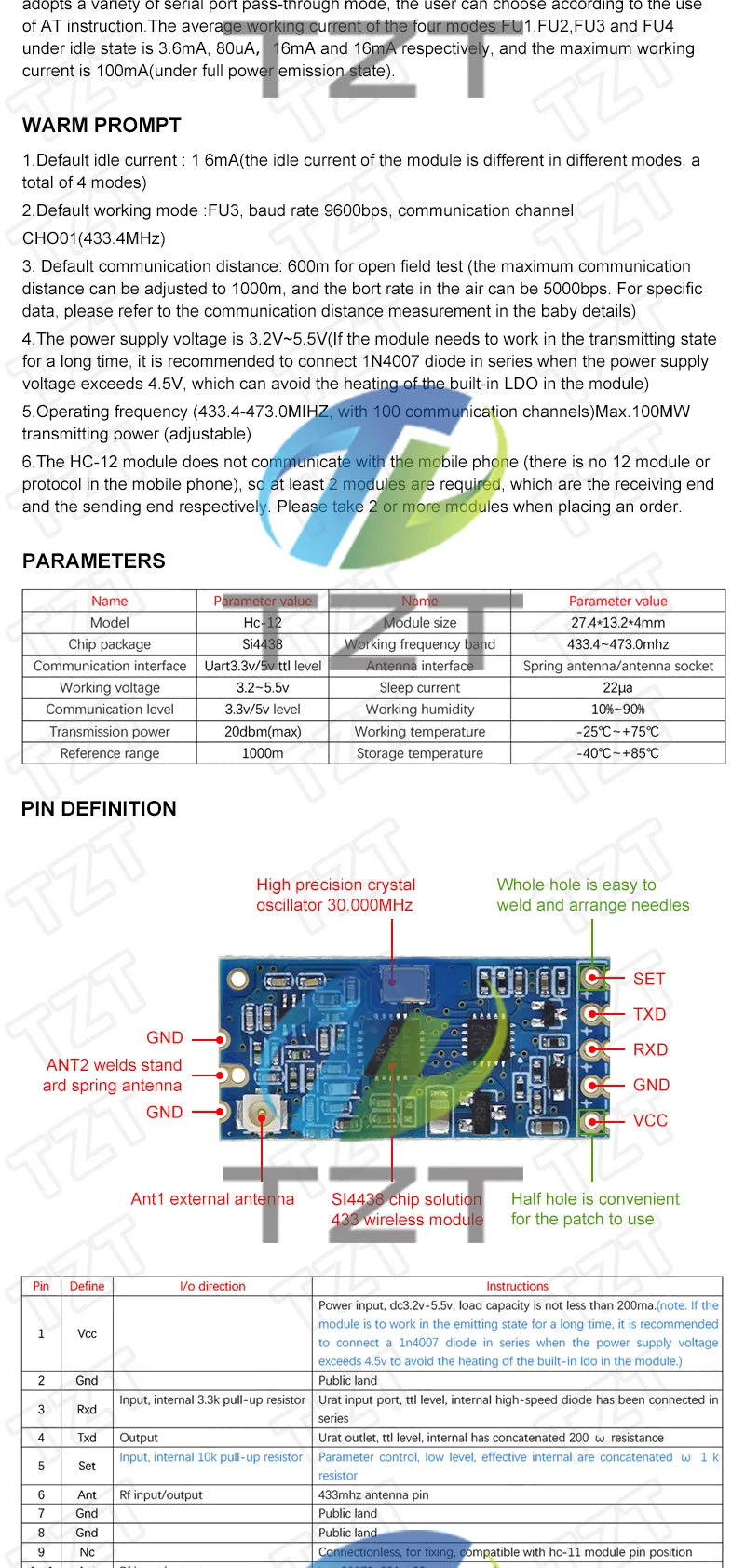 TZT 1/3PCS 433Mhz HC-12 SI4463/4438 Wireless Serial Port Module 1000m Replace Bluetooth NEW