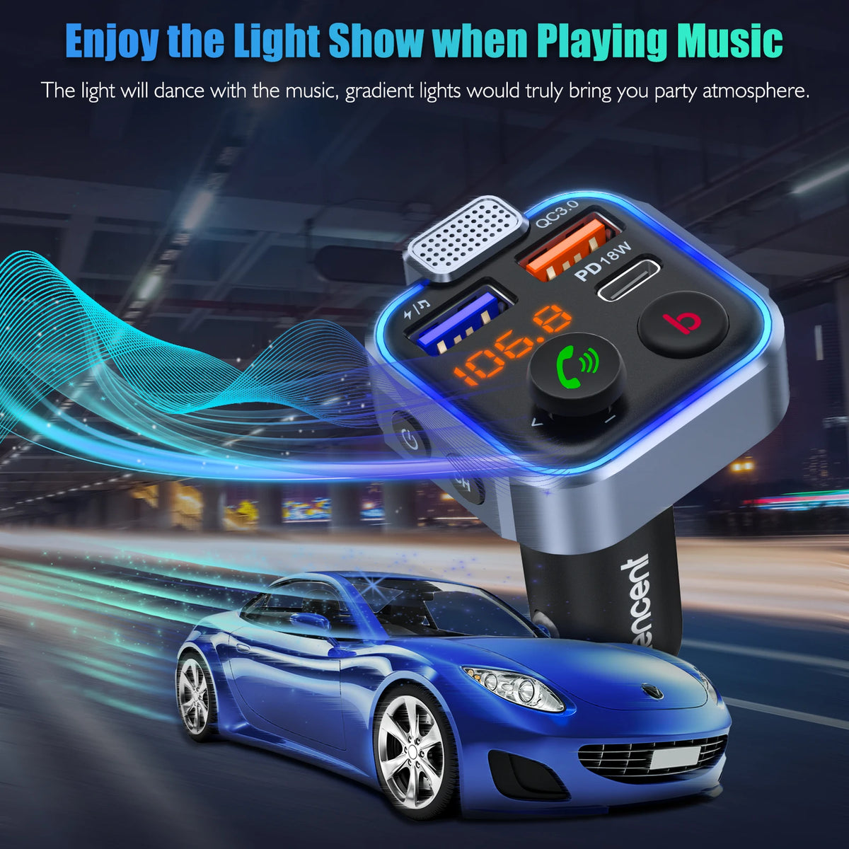 LENCENT FM Transmitter Wireless Bluetooth 5.0 Handsfree Car Kit with Type-C PD 20W+ QC3.0 Fast USB Mp3 Player